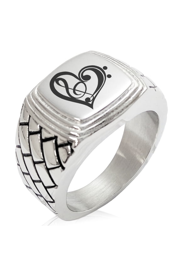 Stainless Steel Treble Bass Clef Heart Geometric Pattern Step-Down Biker Style Polished Ring