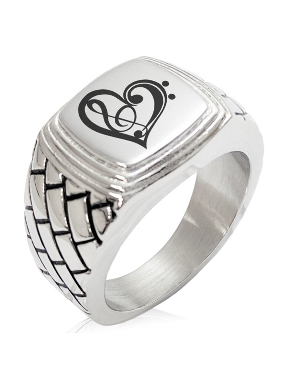 Stainless Steel Treble Bass Clef Heart Geometric Pattern Step-Down Biker Style Polished Ring