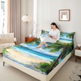 thumbnail image 3 of Castle Fairy Impasto Tropical Palm Beach Queen Sheets 4 Pieces,Mountain Coast Sunny Seascape Print Queen Sheet Sets,Turquoise Sand,1 Fitted Sheet,1 Flat Sheet and 2 Pillowcases, 3 of 6