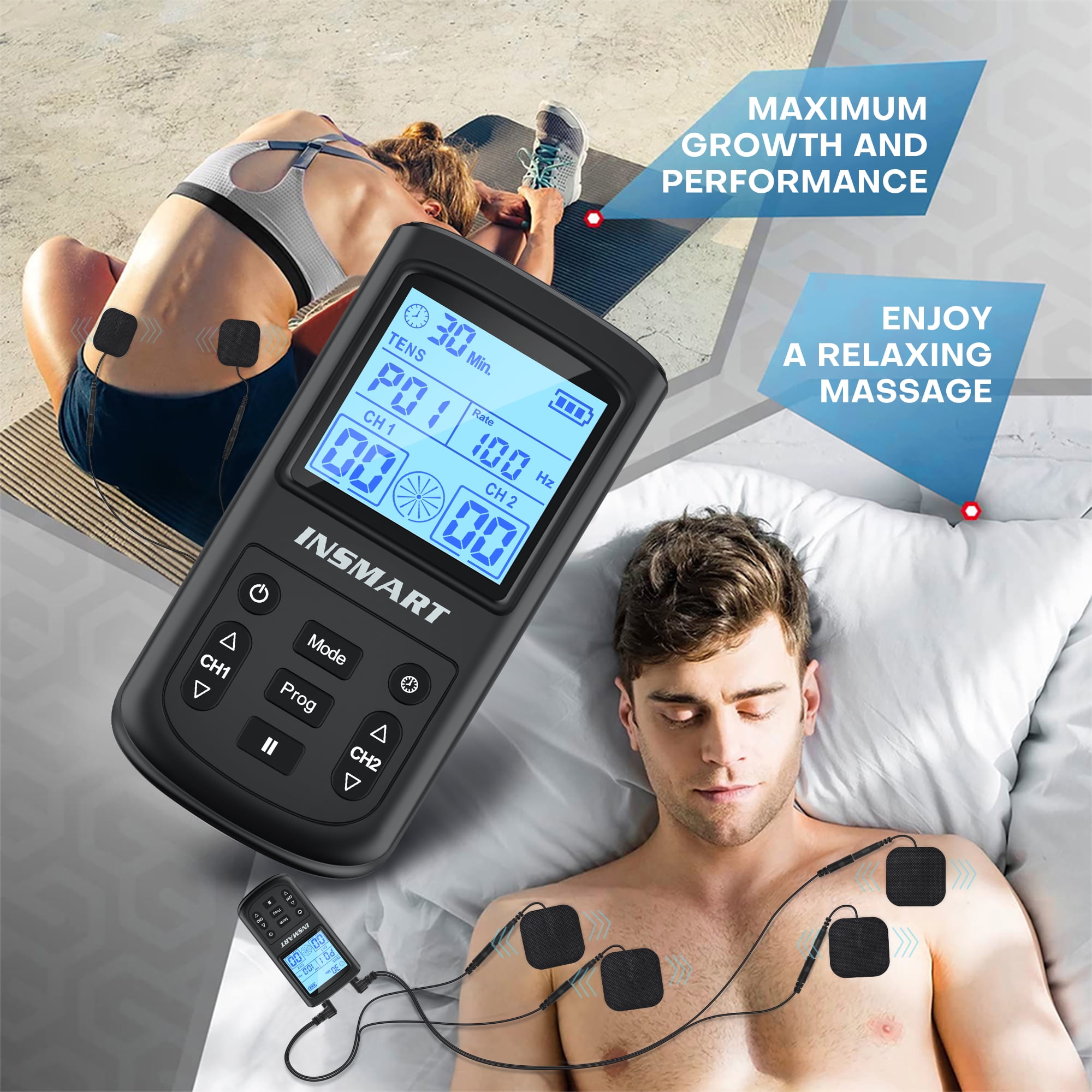 INSMART TENS Unit Rechargeable Muscle Stimulator-Electrode Wireless Massager EMS Dual Channel with 10 Reusable Electrode Pads 28 Modes for Back Neck Pain Muscle Therapy Pulse Massager(All-New)
