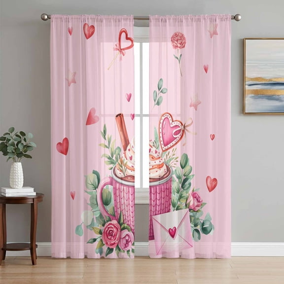 Valentine's Day Sheer Curtains 72 Inch Length 2 Panels Set, Pink Romantic Ice Cream Eucalyptus Leaves Voile Window Treatment Curtains Sheers Drapes for Bedroom/Living Room/Kitchen 52"x72"x2