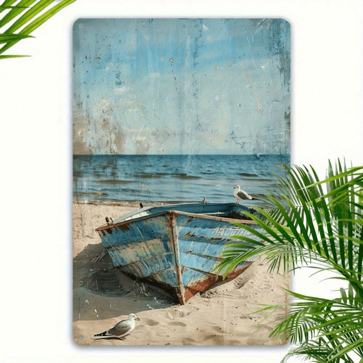 Vintage Blue Boat & Seagulls Metal Wall Art, 12x" 12x8 Inch Rustic Coastal Decor, Waterproof Rustproof Iron Sign, Rustproof Iron Sign, Ocean Beach Scene W