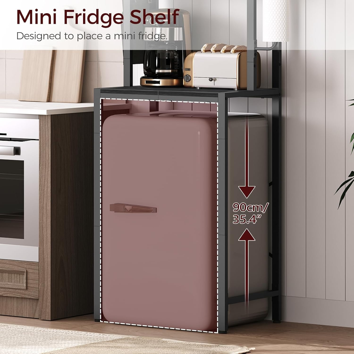 Bakers Rack with Mini Fridge Shelf, 3-Tier Microwave Stand, Coffee Bar Station with Paper Holder, Freestanding Kitchen Storage Rack, for Kitchen, Black BRBK5401