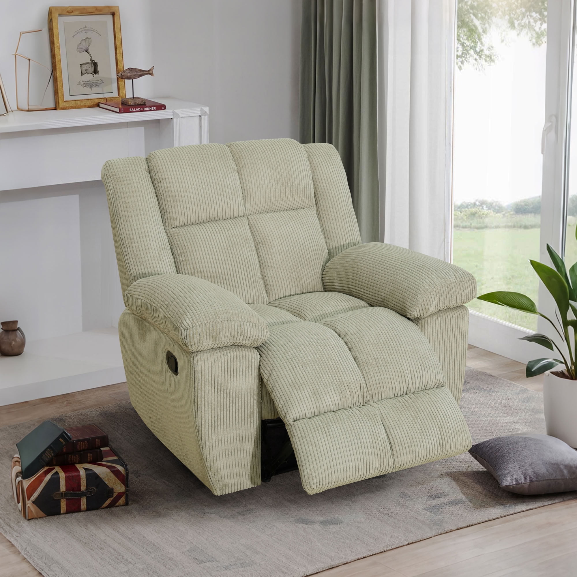 MAYEERTY Single Recliner Chair, Off-White Stripe Fabric Manual Reclining Chair for Living Room, Bedroom & Small Spaces