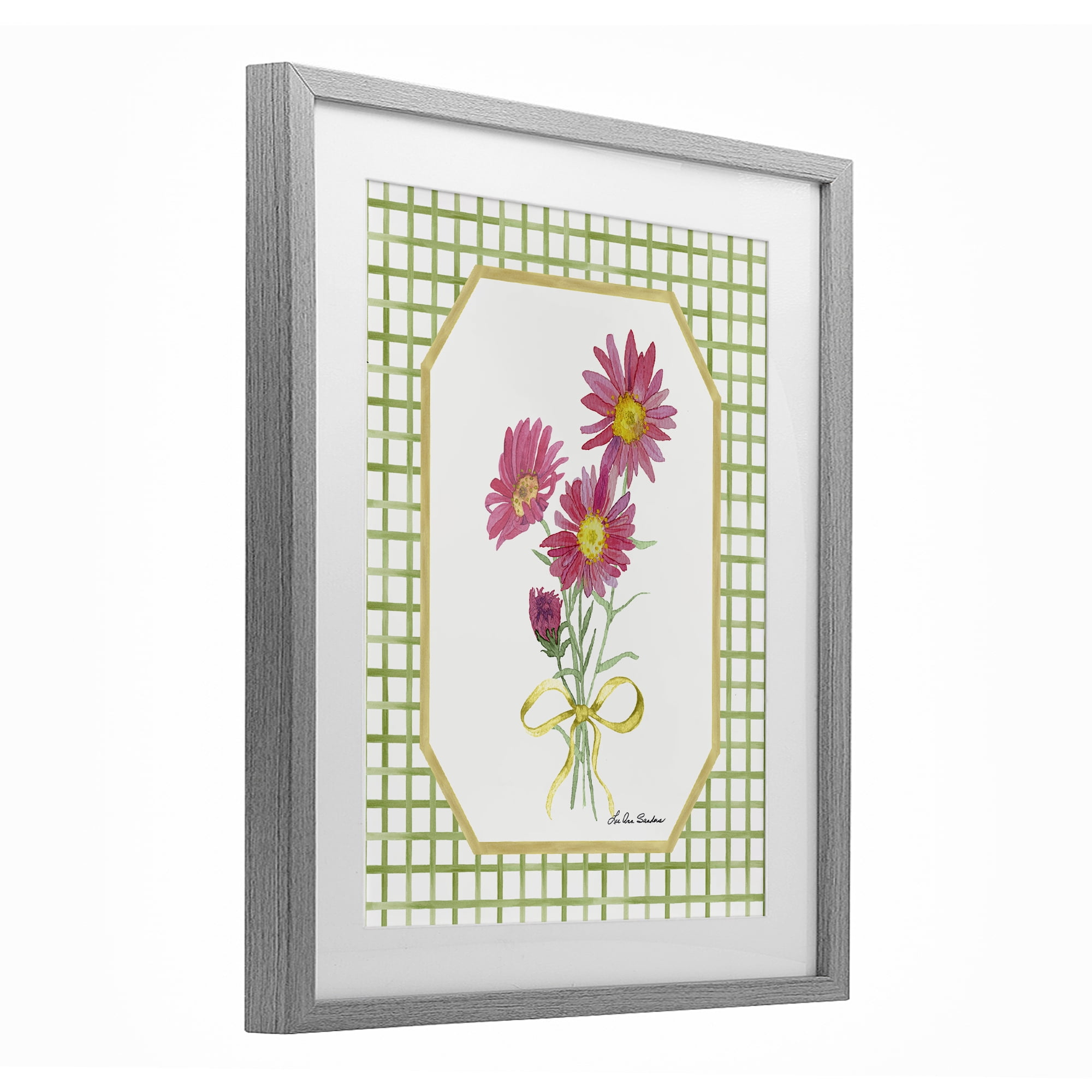 Botanical Story on Gingham Gray Framed Print Under Glass, design by Lee Ann Sanders