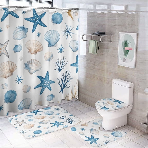 Ocean Life Print Shower Curtain Waterproof Bathroom Curtain Set with Hooks Home Decor Bathroom Curtains 4pcs