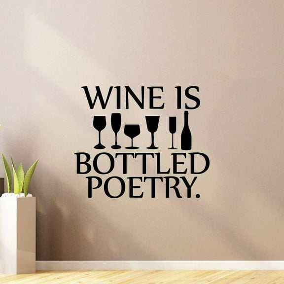 Wine Is Bottled Poetry - Wine Glasses Wine Bottle Silhouette Vinyl Wall Sticker Art Decal Home Bar Area Chill Wall Decoration Wine Love House Home Decor Stickers Decoration Size (30x22 inch)