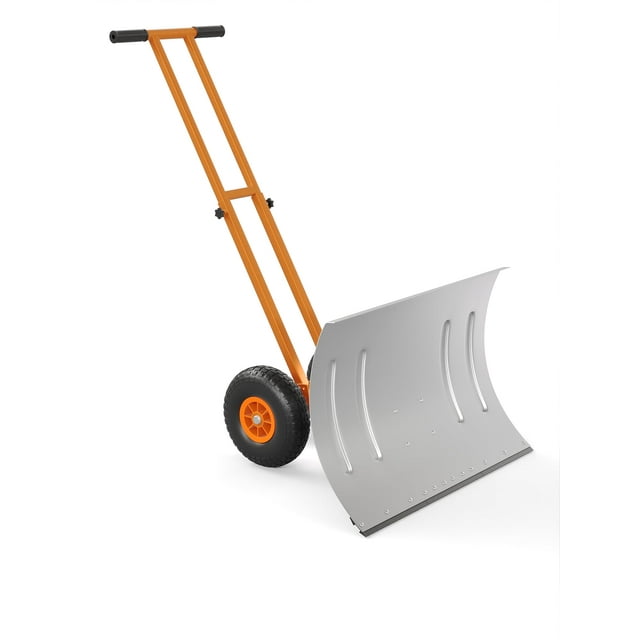 29inch Snow Shovel with Wheels, Wide Metal Plow Blade & Adjustable Handle, 5-Position Pusher for Driveways & Sidewalks
