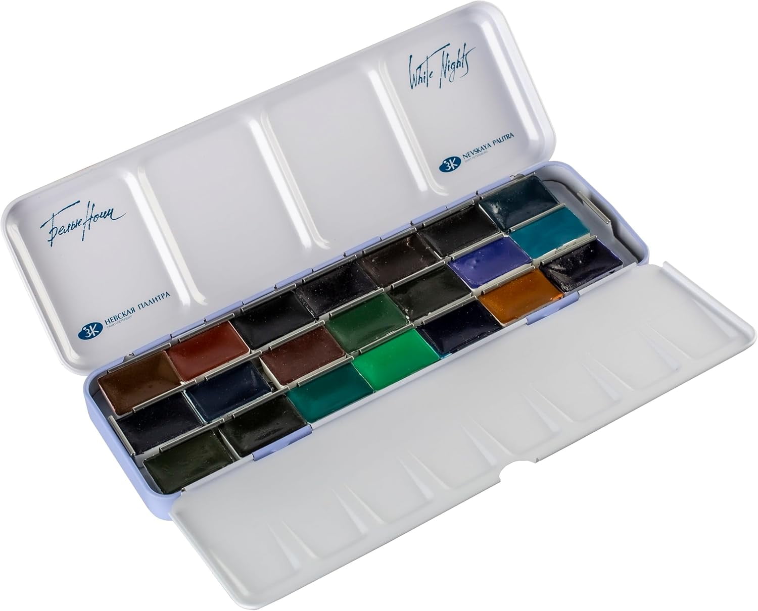 White Nights Professional Watercolor Set 21 Full Pans (2.5ml), Granulating Extra-Fine Artist-Grade Pigments, Vibrant & Lightfast Colors, Durable Metal Case with Mixing Trays by Nevskaya Palitra