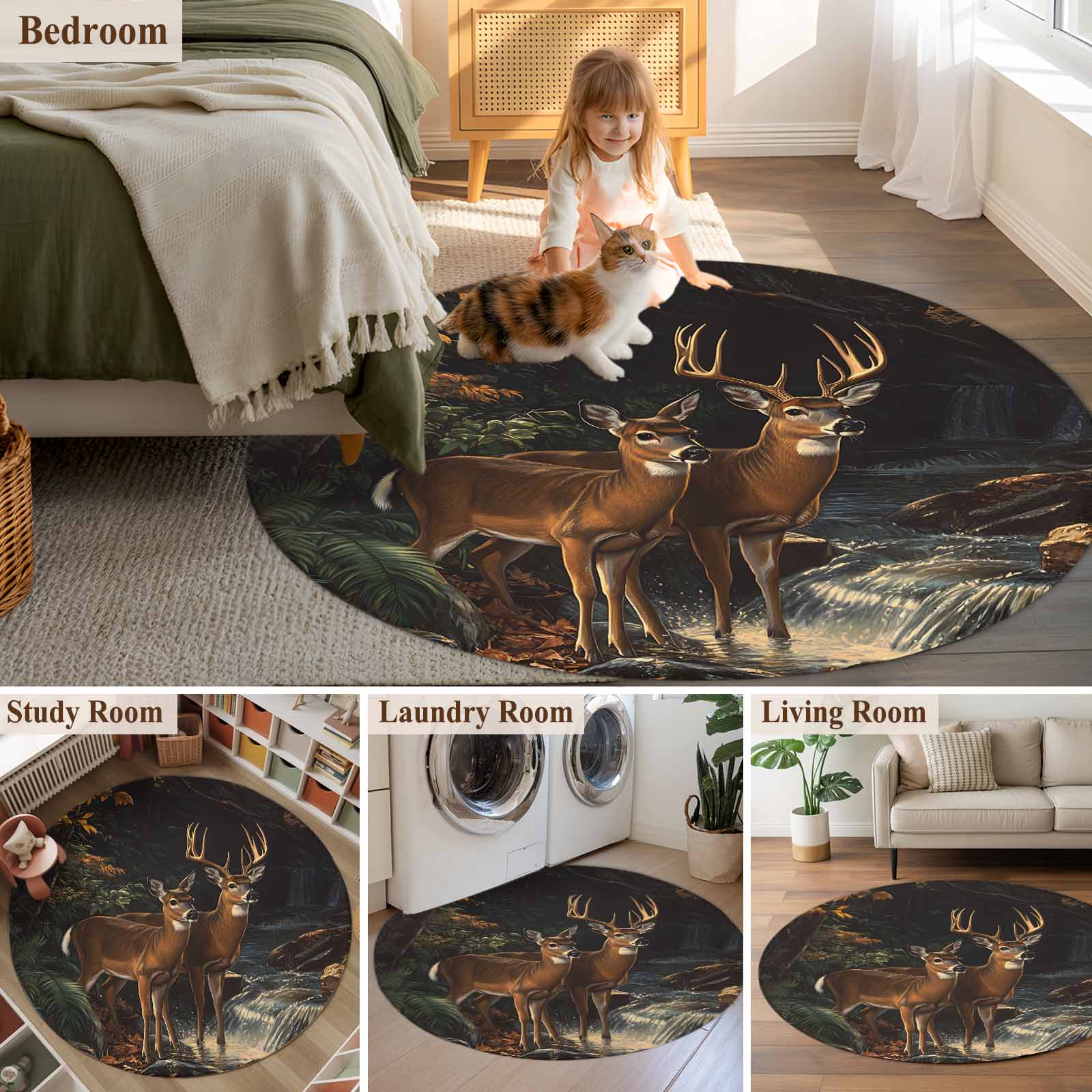 Round Rugs 3 Ft, Autumn Deer Non Slip Area Rugs for Kitchen Bedroom Entryway, Forest River Elk Vintage Washable Carpet Runner Rug Floor Mats for Bedroom Home Decor