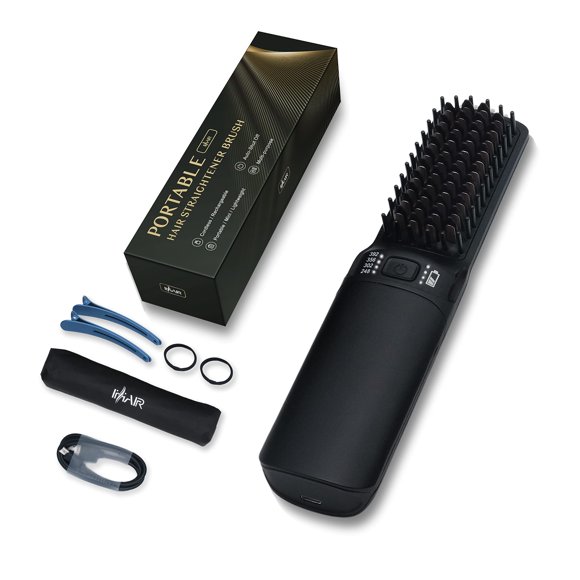 Cepillo alisador de pelo caliente, miniplancha portátil recargable por USB de 6400 mAh, peine alisador 2 en 1 con función antiescaldaduras para mujeres y hombres (negro)