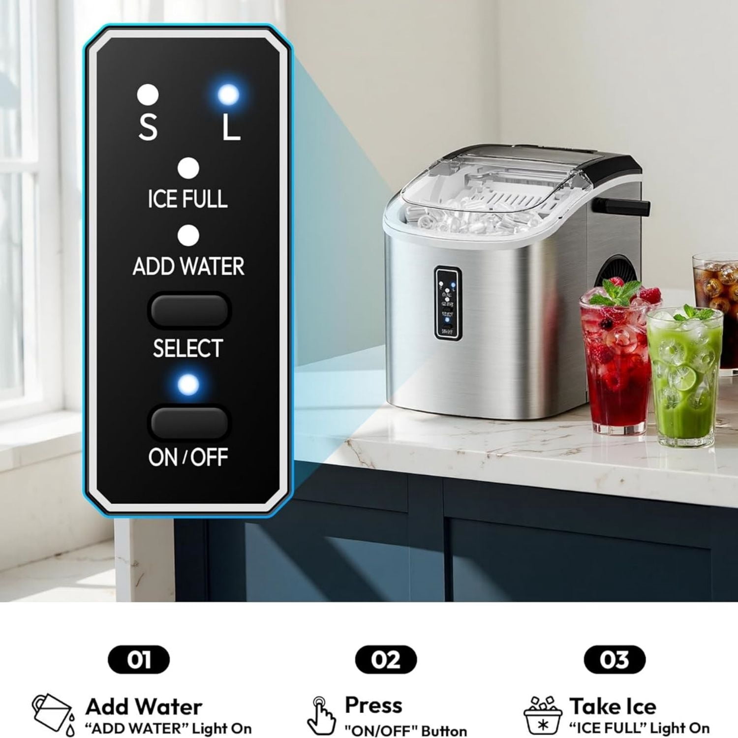 Ice Maker Countertop, 9 Cubes Ready in 6 Mins, 26lbs/24H, Self-Cleaning, Portable Ice Maker Machine with Carry Handle, Basket and Scoop, for Home, Kitchen, Office
