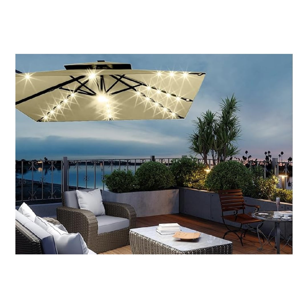 10' x 10' Heavy Duty Cantilever Patio Umbrella with LED Lights & Weighted Base, Square Aluminum Offset Umbrella 360-Degree Rotation for Outdoor Decor, Backyard, Deck, Pool