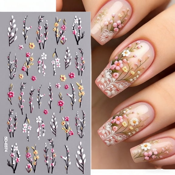 Tarmeek 3D Embossed Nail Art Stickers Water Decals for Girls DIY Nail Design Removable Self-Adhesive Manicure Decals with Floral Pattern Easy Apply