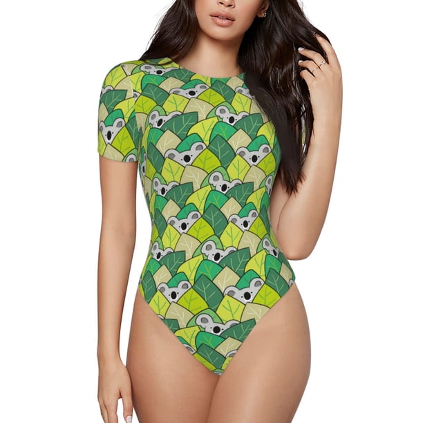 Balery Cartoon Koala Bear and Leaf Body de cuello redondo de manga corta para mujer Tops de manga corta Tops básicos-X-Large