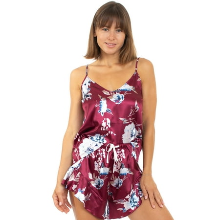 

Belles Design Womens Sexy Floral Satin Silk Cami Shorts set 2 Piece Pajama Bridal Lingerie Sleepwear