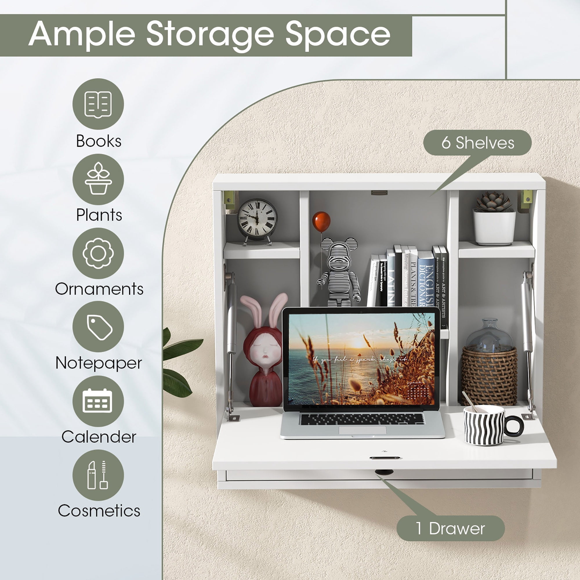 Gymax Wall-mounted Desk Floating Computer Workstation w/ Storage Shelves Home Office White