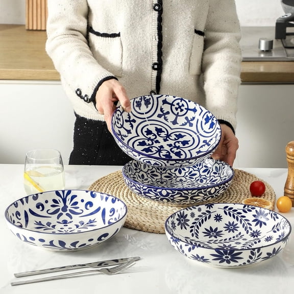 HASENSE 4 Pack Vintage Blue Ceramic Bowls, 42 Ounce Wide Pasta Bowls, Multipurpose Tableware for Pasta, Salad, Soup, Ramen, Heat Resistant for Microwave and Dishwasher Use