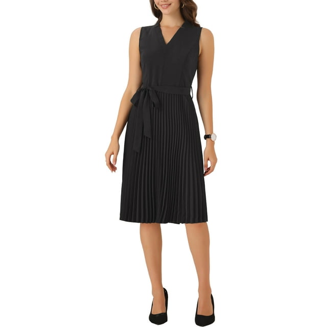 Vestido plisado INSPIRAR CHIC sin mangas con escote en V y cintura con lazo, vestido midi A-line S negro