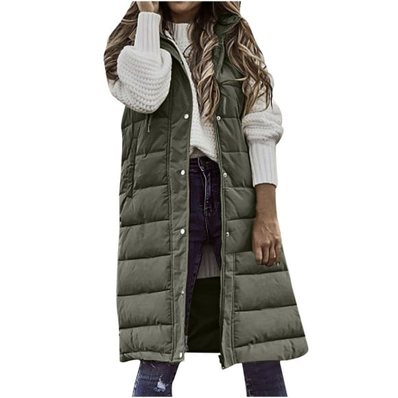 Women's Winter Hooded Long Down Vest Full-Zip Sleeveless Puffer Vest Fashionable Coats Jacket Outerwear with Pockets