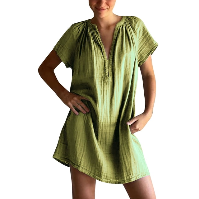 Amzcrzy Robes pour Femmes Grande Taille Robes P-5TG Tendance Couleur Unie Robes d'Été pour Femmes Col en V Manches Courtes Robe d'Été Décontractée Plissée Surdimensionnée Mini-Robe