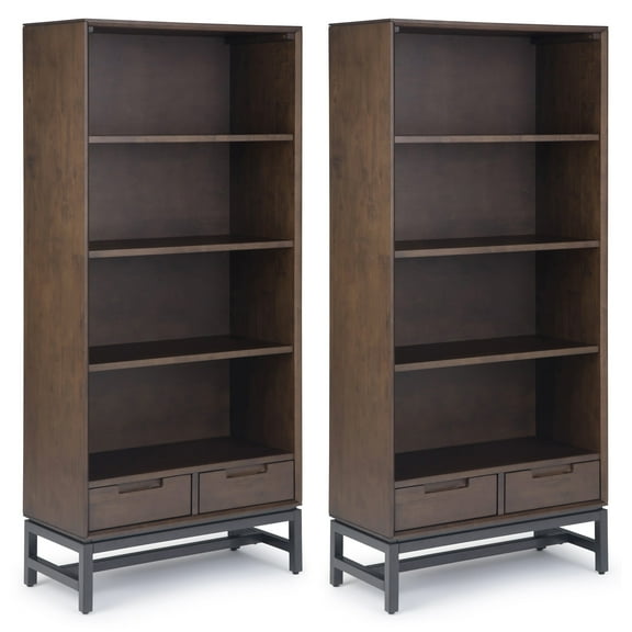 Simpli Home Banting 30W 4 Shelf Bookcase with Drawers (Set of 2) in Walnut Brown