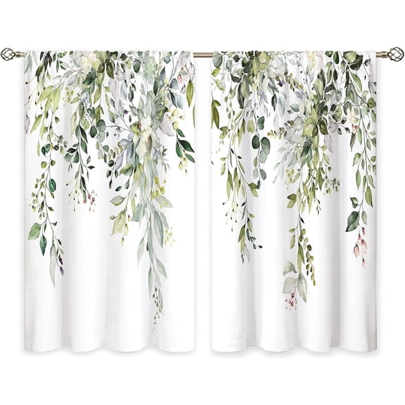 Eucalyptus Botanical Leaves Floral Kitchen Window Curtains Over Sink Boho Farmhouse Flower Leaf Small Window Treatment Sage Green Cafe Short Curtains for Bathroom Tier Drapes 27.5x39 inch
