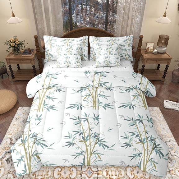 Manfei Plant Botanical 7pcs Bedding Comforter Set, Grey Green Leaf Queen Bedding Sets, Teens Kids Adult Men Women Reversible Queen Sheet Sets, Luxury Bedroom Decor