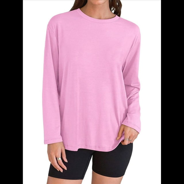 Camisetas de Larga Extragrandes para Mujer 2025, Camisetas Básicas de Cuello Redondo, Tops de Otoño, Ropa Informal de Entrenamiento Y2K Rosa S