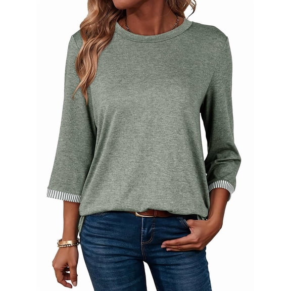 Women'S Shirts Fashion 3/4 Length Sleeve T Shirts Cute Crewneck Casual Tops Basic Blouses Green XL