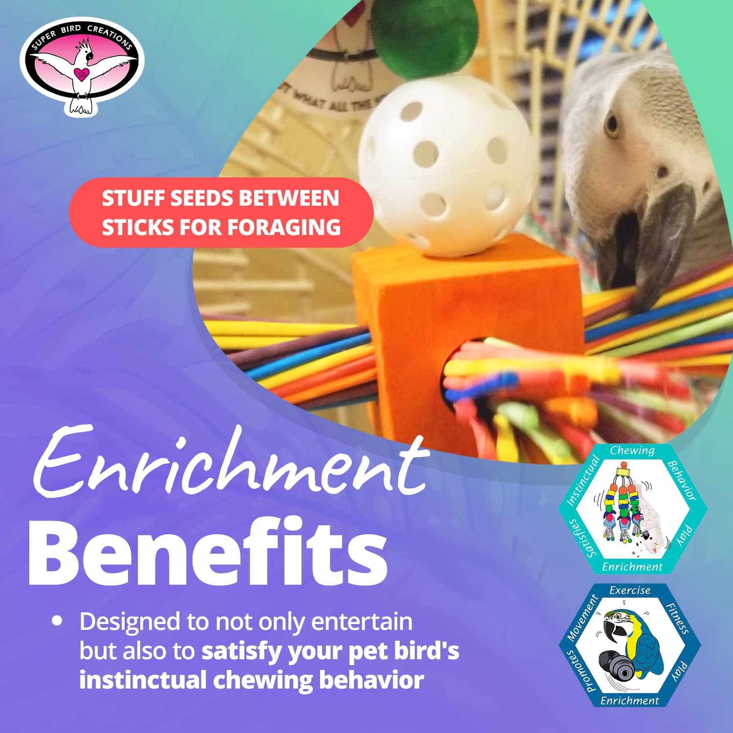 Super Bird Creations SB513 Willy Nilly Bird Toy - Enriching Parrot Toy for Large Birds, Medium Conure Toys, Bird Foraging Toys, Parrot Toys for Medium Birds, Medium/Large Bird Size, 14" x 6.5"