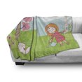 thumbnail image 3 of Cartoon Soft Flannel Fleece Throw Blanket, Childish Design of Little Girl in Woods Mountain and Animals, Cozy Plush for Indoor and Outdoor Use, 50" x 70", Lime Green Multicolor, by Ambesonne, 3 of 6