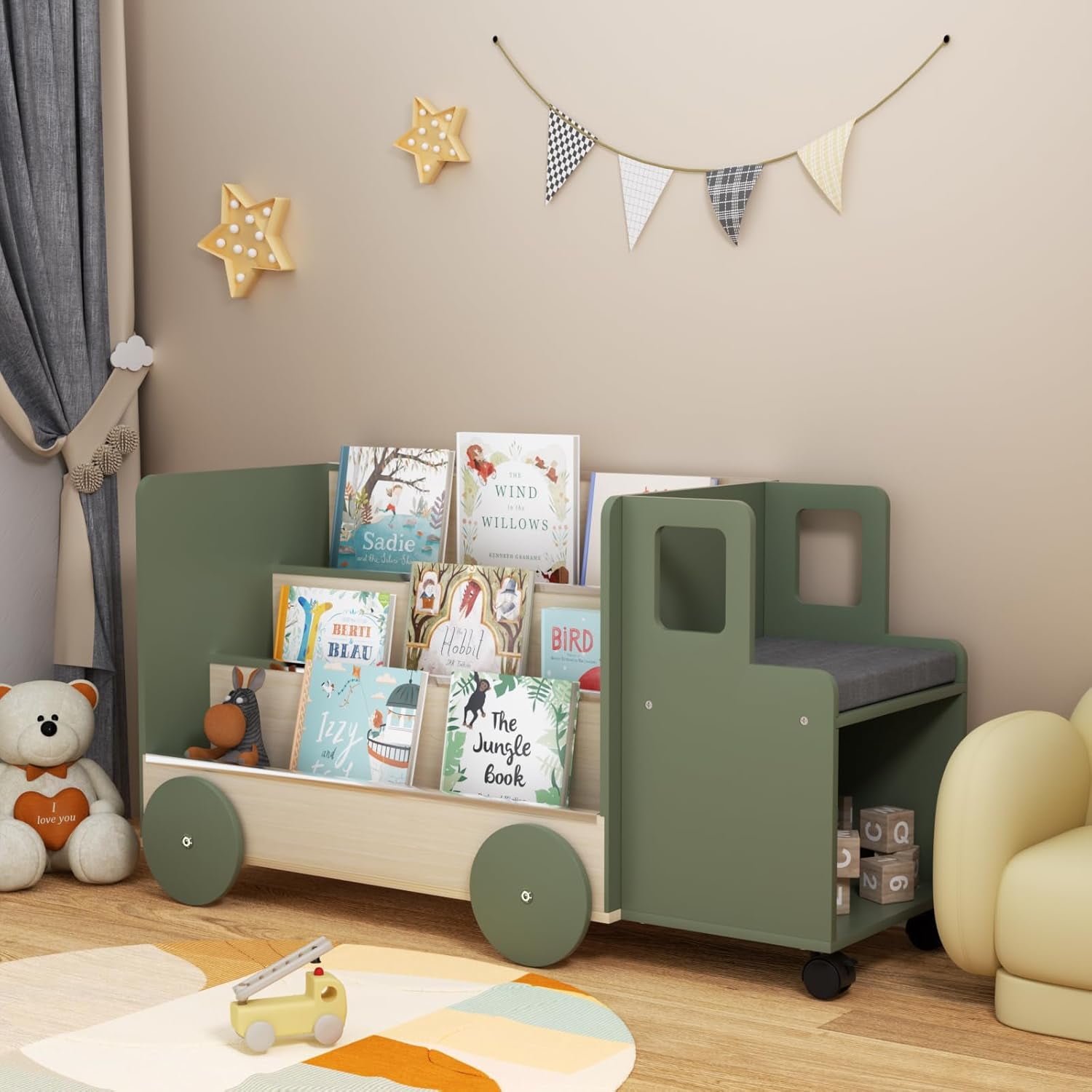Kids Bookshelf Truck with Locking Wheels, 3-Tier Book Shelf, 4-in-1 Montessori Bookshelf with Toy Storage & Seat for Kids Rooms, Toddler, Nursery, CPC-Certified