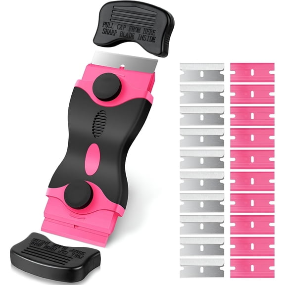 EXLEAF 2-In-1 Razor Blade Scraper,10 Metal and 10 Plastic Blades,Sticker and Adhesive Removal Tool,Plastic Razor Blade Scraper