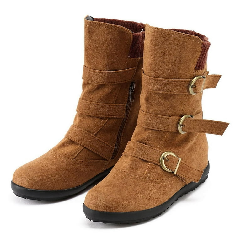 Boots for Women Clearance Deals! Verugu Western Cowboy Low Heel Comfort  Bootie Combat Boots for Women, Women Suede Round Toe Zipper Flat Pure Buckle  Strap Keep Warm Snow Boots Brown 35 