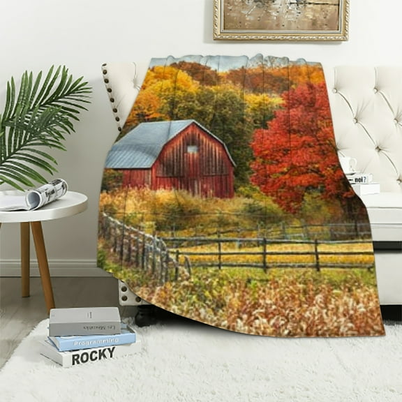 Autua Barn Fall Foliage Fence Flannel Material Blanket Throw Blanket for All Seasons 40x50in