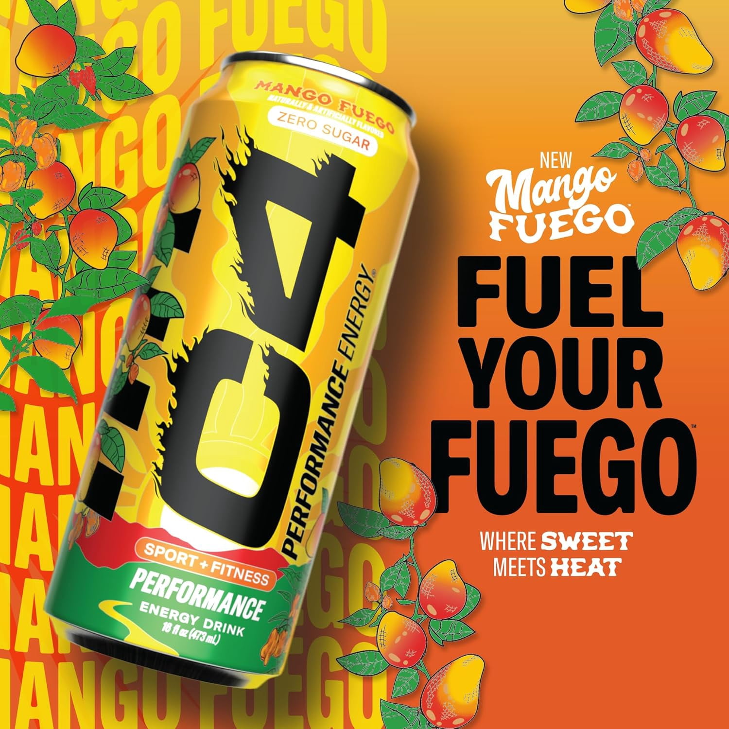 C4 Performance Energy, Sport & Fitness Energy Drink, Mango Fuego, Zero Sugar, 16 fl oz
