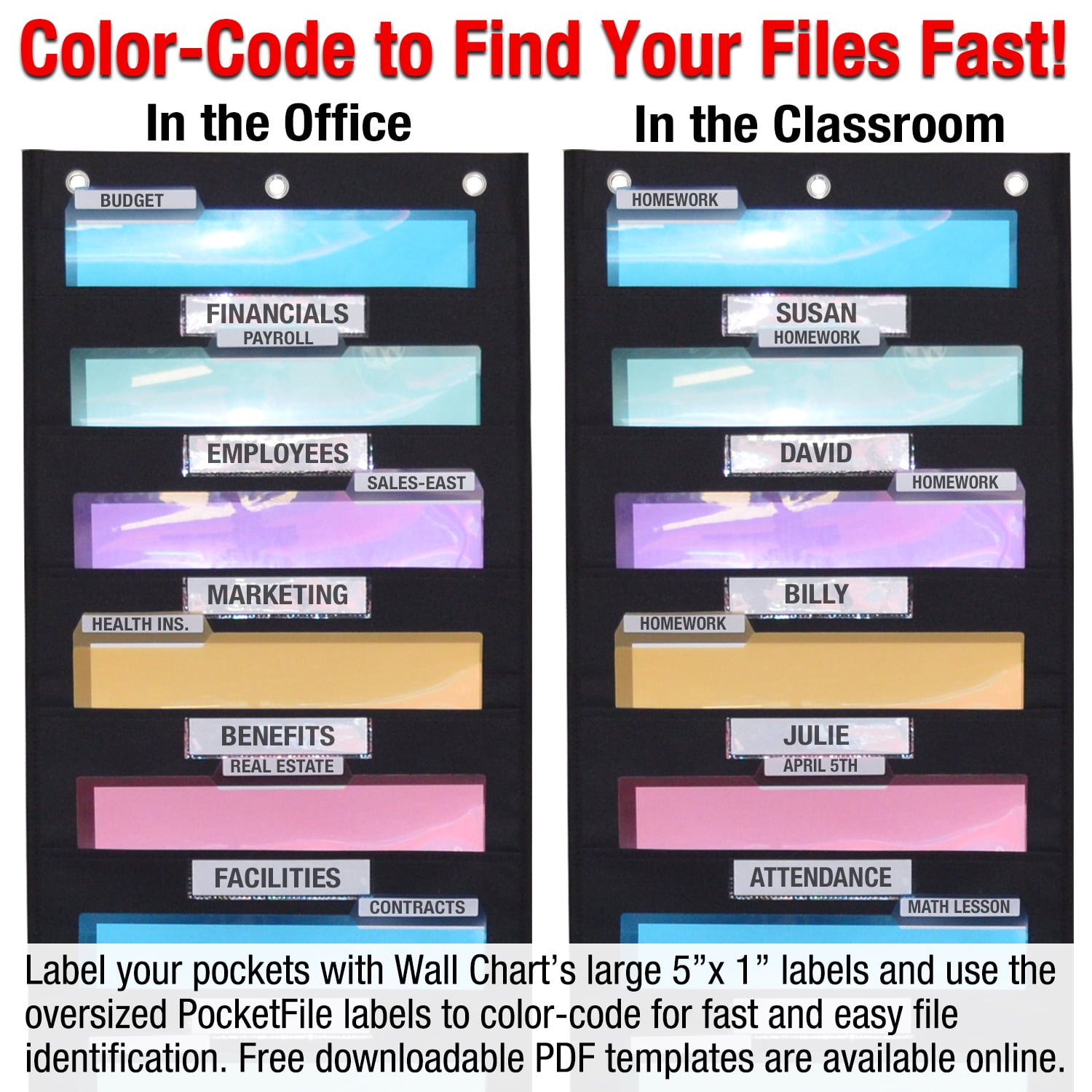 Ultimate Office WalMaster™ 30-Pocket Wall Chart Filing System WITH LABEL HOLDERS for Classroom and Office, Wall File Organizer (PocketFiles Sold Separately) PLUS Wall Mounting Hardware & Door Hooks