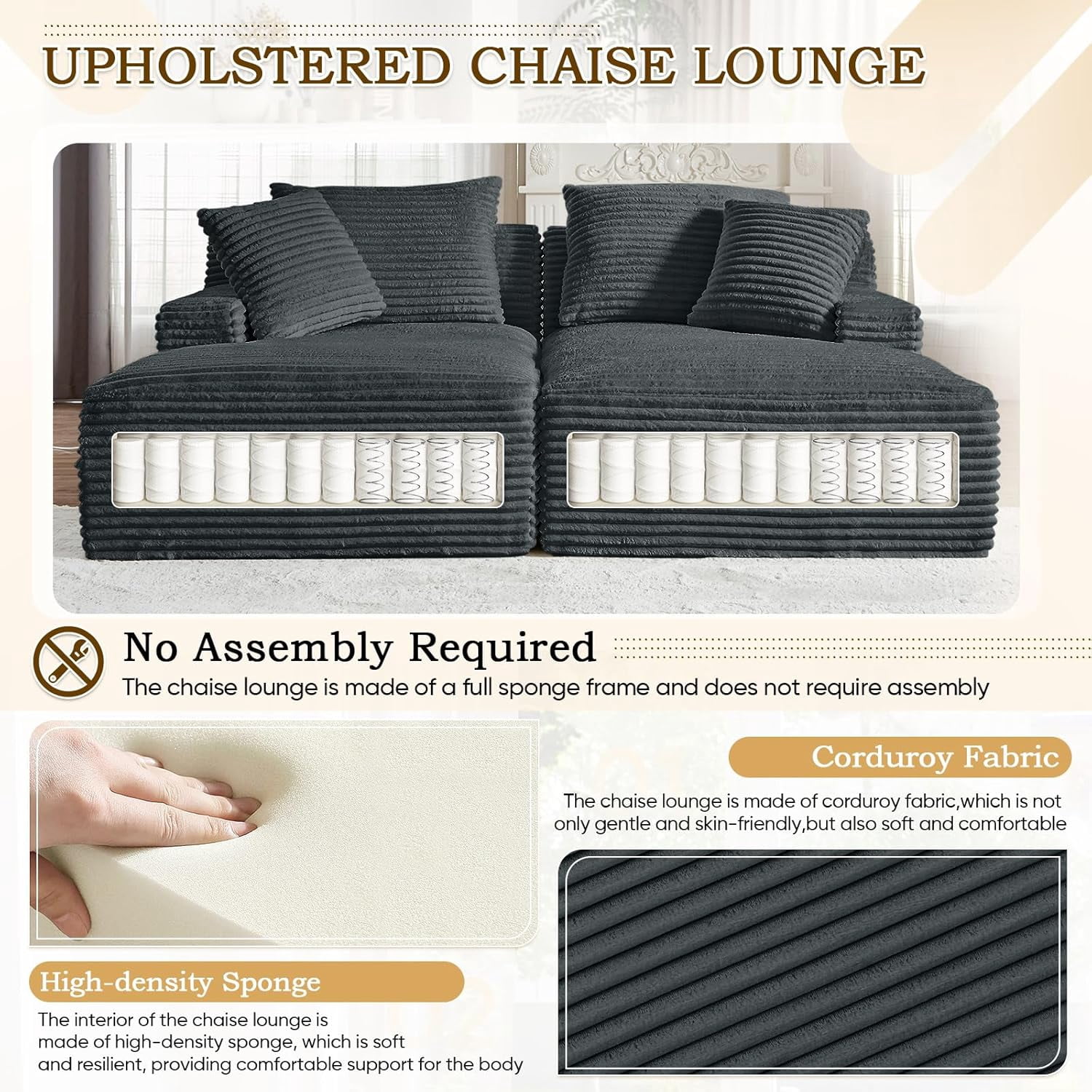 AENKYO Compressible Double Chaise Lounge Sectional Couch - Fluffy Upholstered 2-Seater Loveseat for Living Room, Bedroom, No Assembly Required, Dark Gray