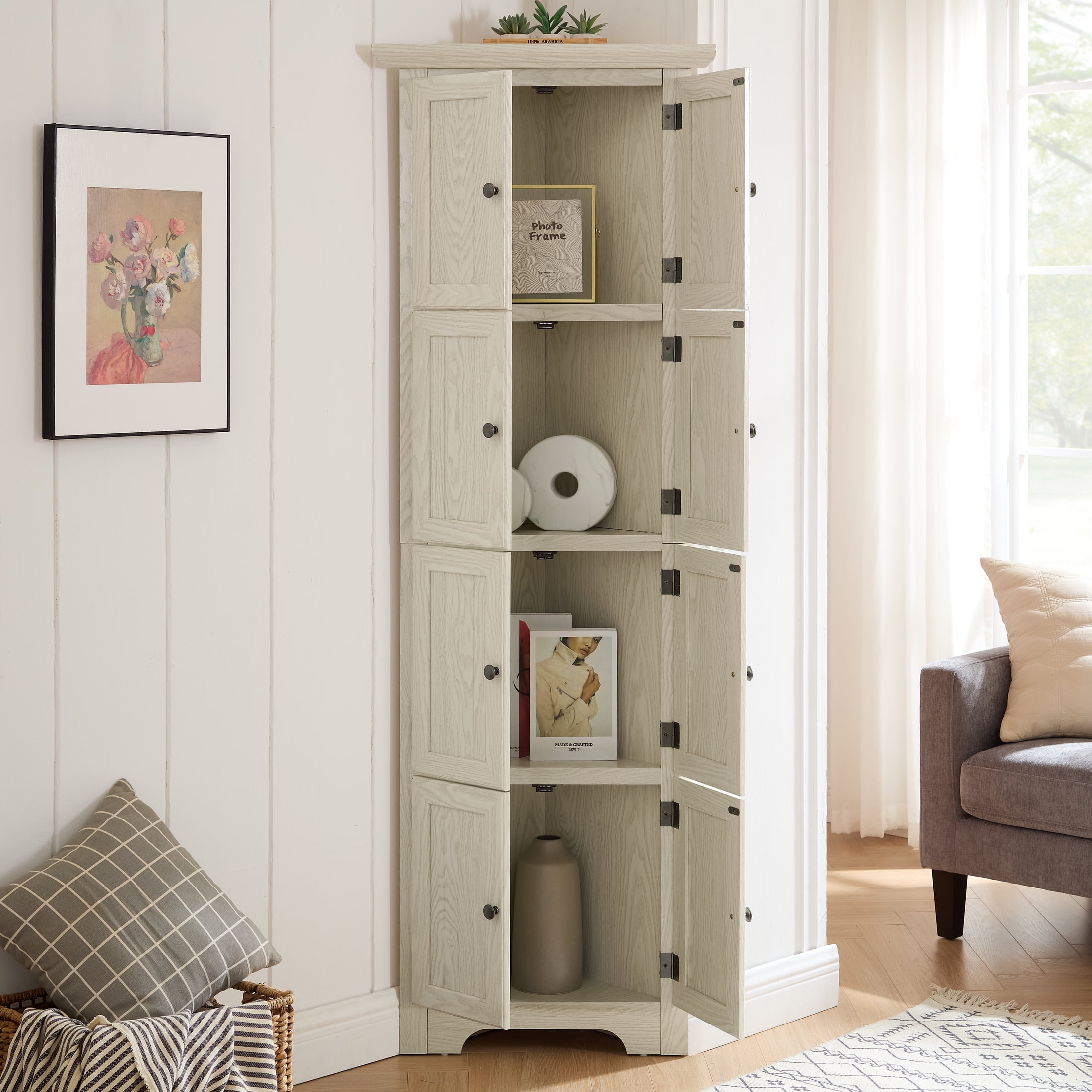 Noble House Willow 72" Corner Pantry Cabinet, 4-Tier Tall Kitchen Storage Bookshelf with Soft Close Doors, White