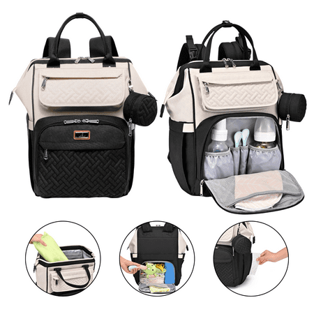 Babbleroo Baby Diaper Bag Backpack – Wide Top Waterproof Nappy Organizer with Insulated Pockets, Polyester, Black & Apricot