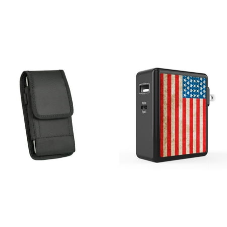 

Pouch and Wall Charger Bundle for Samsung Galaxy A04s: Vertical Nylon Belt Holster Case (Black) and 45W Dual USB Port PD Power Delivery Type-C and USB-A Power Adapter (Vintage American Flag)