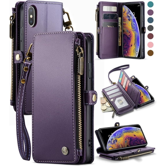 for iPhone Xs Max Case, RFID Blocking for iPhone Xs Max Wallet Case for Women and Men with Card Holder Zipper Wrist Strap PU Leather Protective Phone Case Wallet for iPhone Xs Max, Purple
