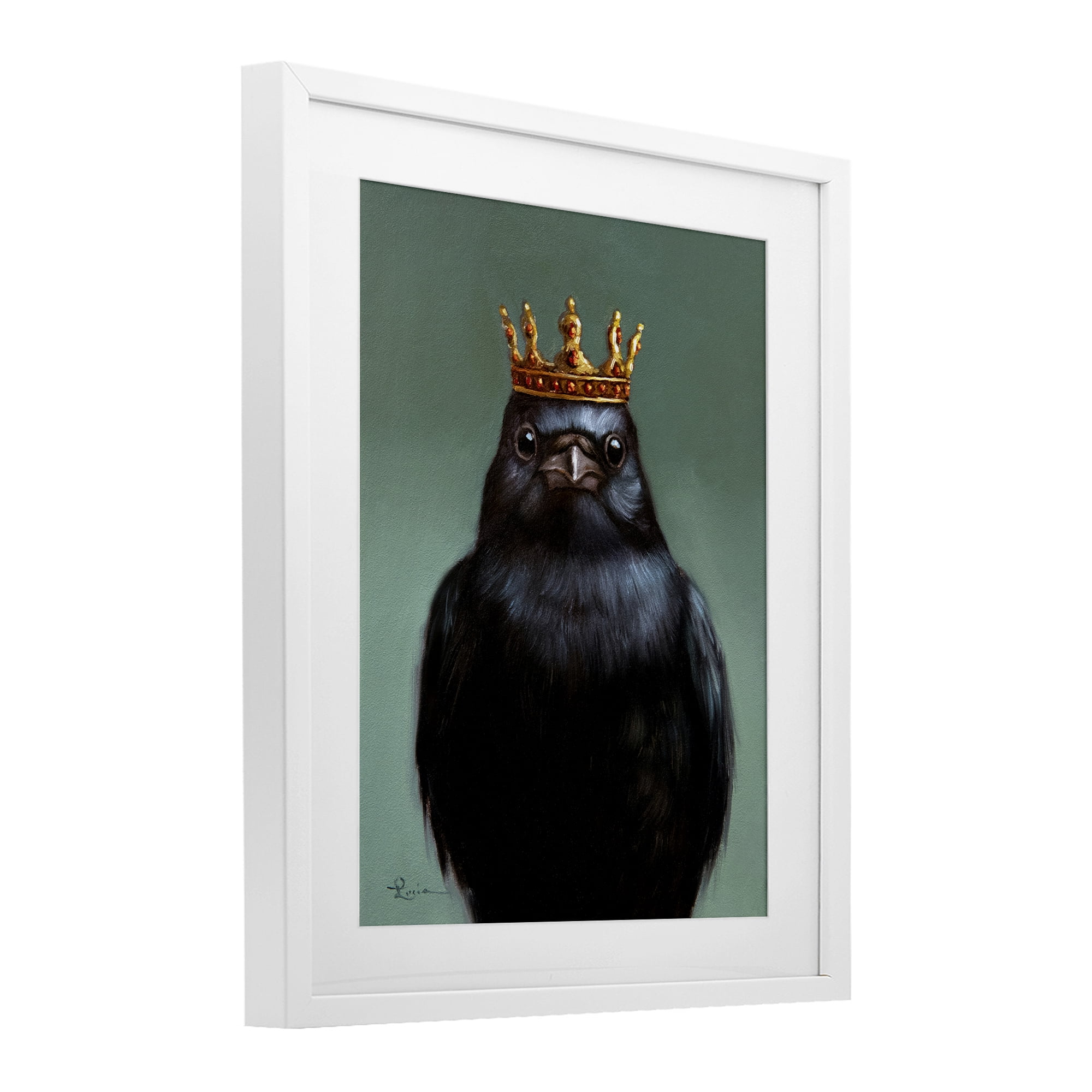 King Crow Portrait White Framed Print Under Glass, design by Lucia Heffernan