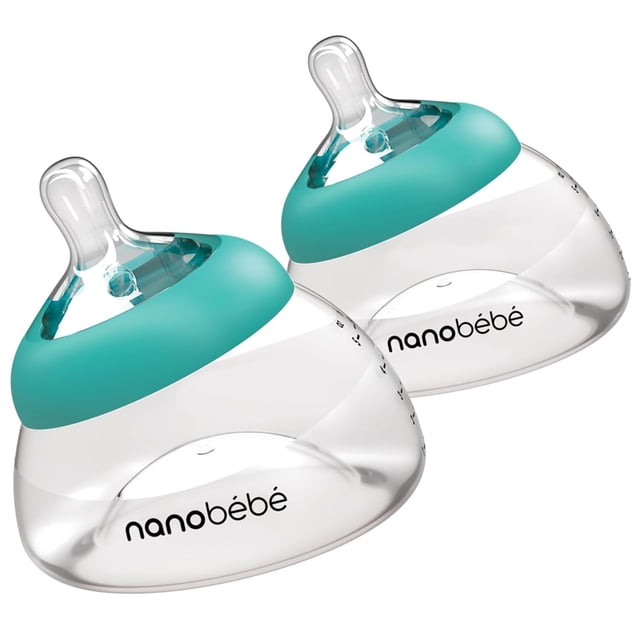 Biberón Nanobébé para Leche Materna, Lactancia para Recién Nacidos con Forma de Pecho, Anticólico, Perfecto Acople, Conserva Nutrientes de la Leche Materna, Pack Doble Verde Azulado