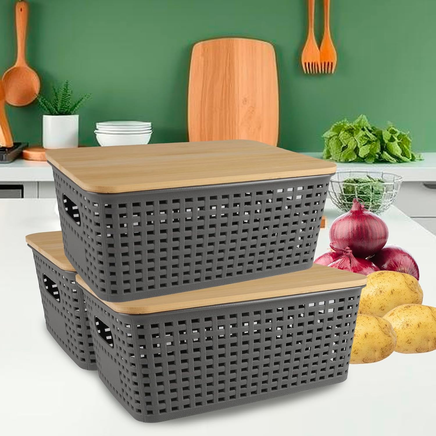 Pethiy 3-Piece Storage Set with Bamboo Lids, Ventilated Potato & Onion Bins with Handles, Pantry Organizer for Vegetables, Fruit & Snacks