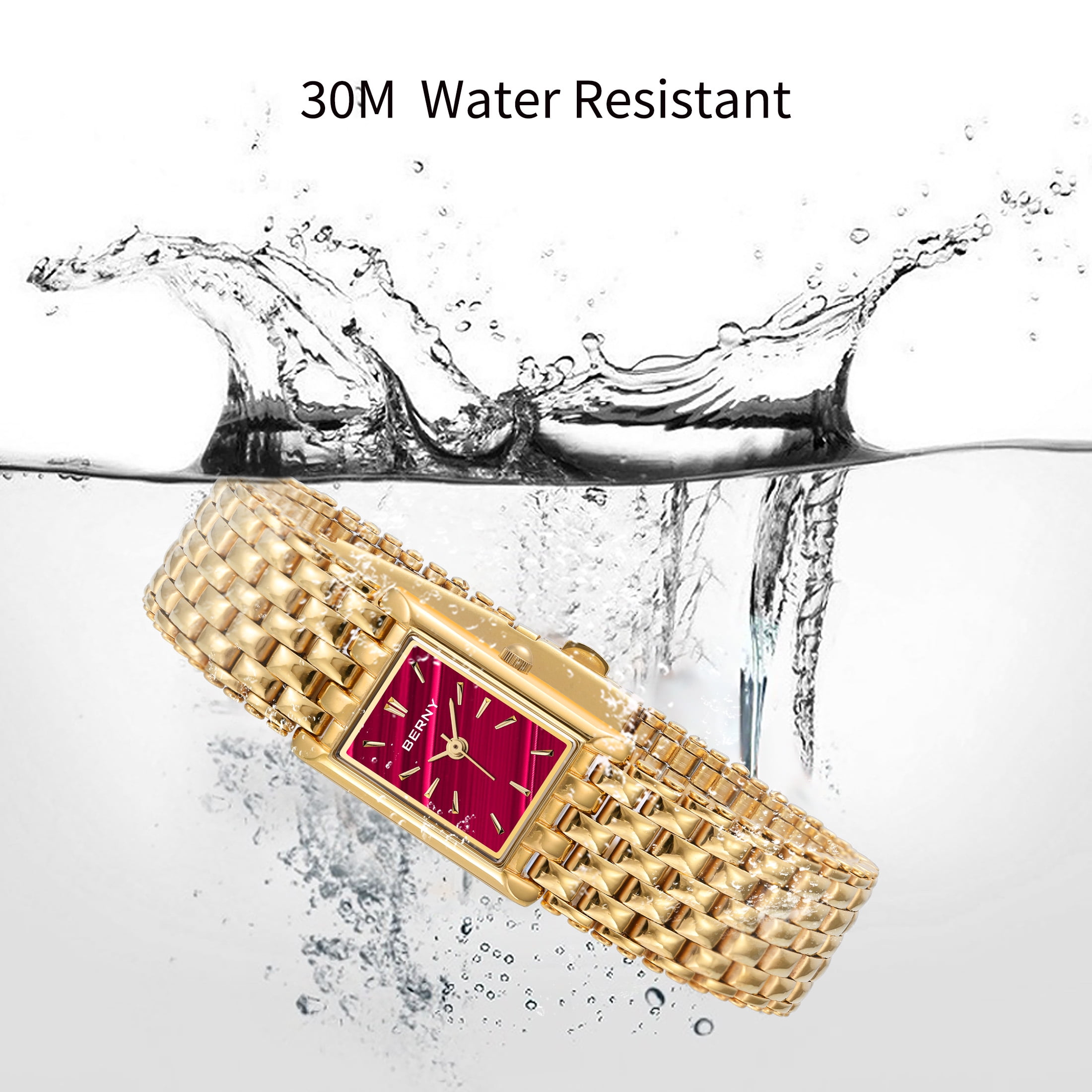 BBERNY Small Gold Watches for Women,Women's Gold Tone Rectangular Quartz Watch, Stainless Steel Band, Waterproof Watch Mother's Day Gift for Women (Red)