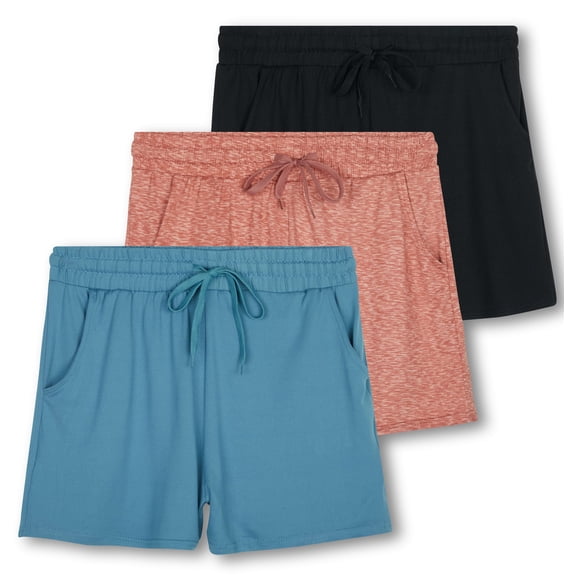 Real Essentials 3 Pack: Womens Ultra-Soft Athletic Lounge Casual Sweat Shorts with Pockets (Available in Plus Size)