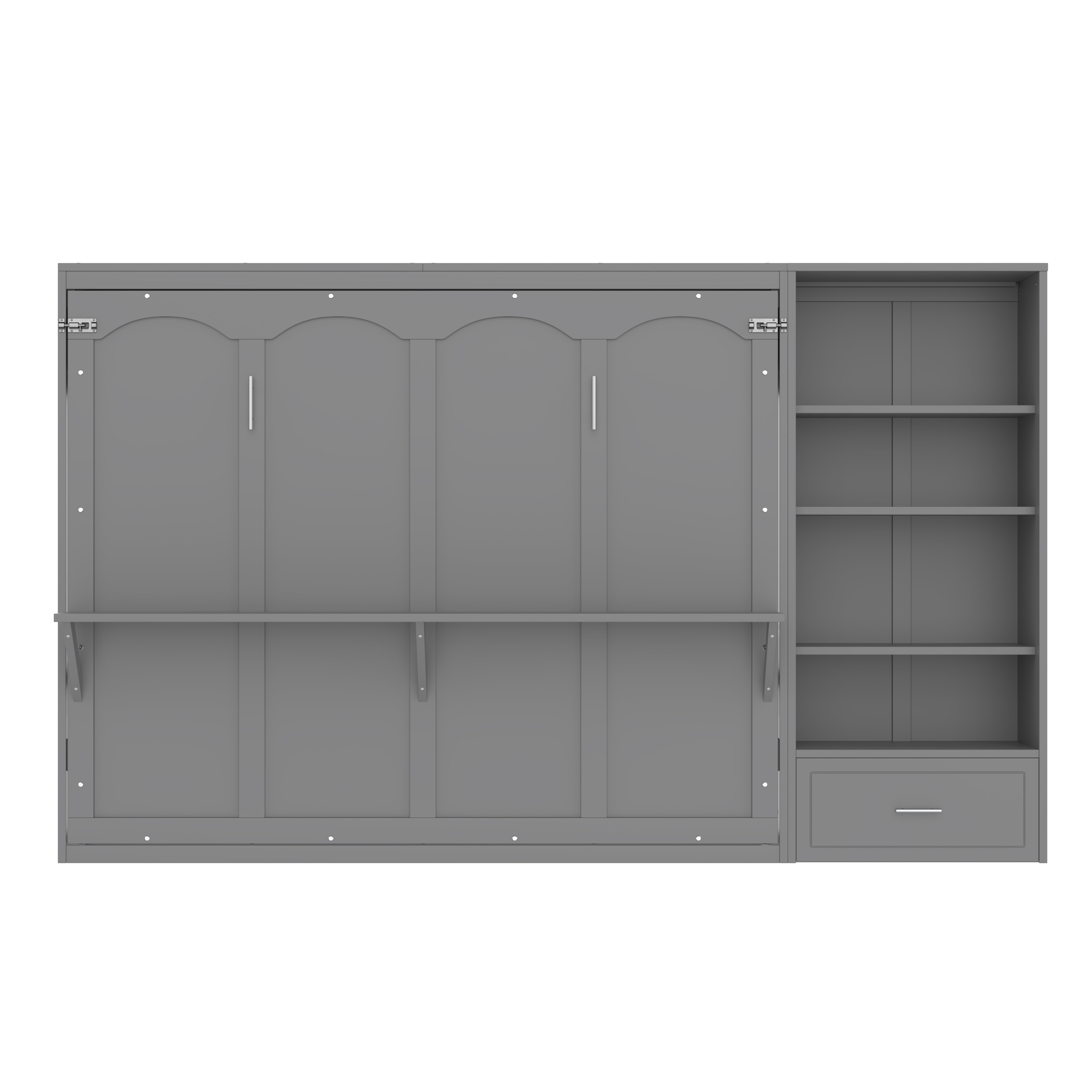 Mintazer Queen Murphy Bed with Reversible Storage Cabinet, Multifunctional Foldable Platform Bed with Adjustable Shelves & Drawer for Guest Room Bedroom, Gray