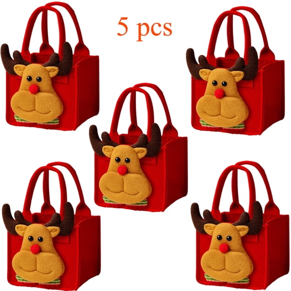 KOYPTL 5 Pcs Christmas Gift Bags Festive Red Felt Packaging with Santa Snowman Elk Tree, Apples Gifts Bags Christmas Candy Gift Bags Reusable Holiday Gift Bag with Sturdy Handle Storage Tote Bag